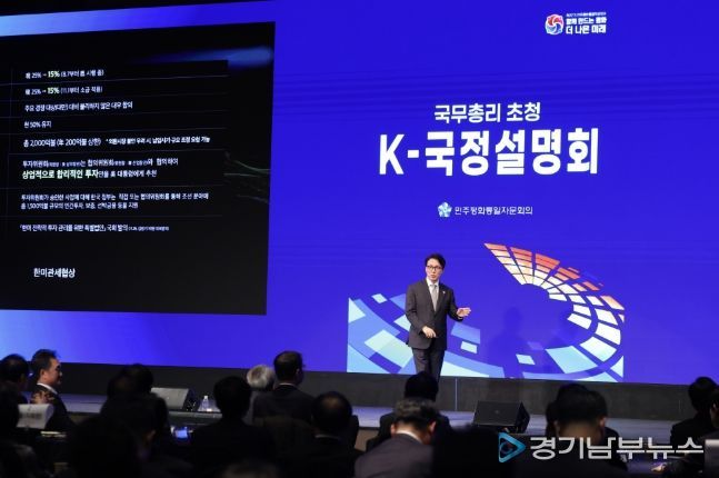 김민석 국무총리가 15일 광진구 비스타 워커힐 서울에서 열린 민주평통 초청 K-국정설명회에서 특별 강연을 하고 있다.