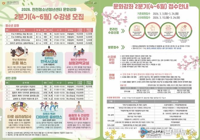 수원시청소년청년재단 천천청소년청년센터, 2분기 문화강좌 신규 수강생 모집