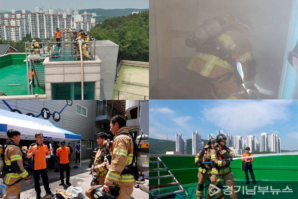 고층건축물 화재 진압 및 인명구조 훈련 중인 모습